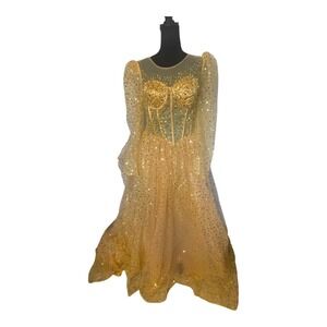Ryanth Gold Sequin Formal Ball Gown Corset Back Puffy Sleeve Prom Dress NEW
